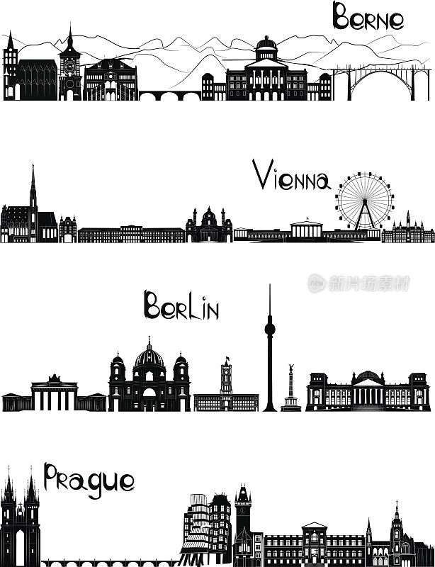 罗马，巴黎，马德里和里斯本的景点，b-w向量