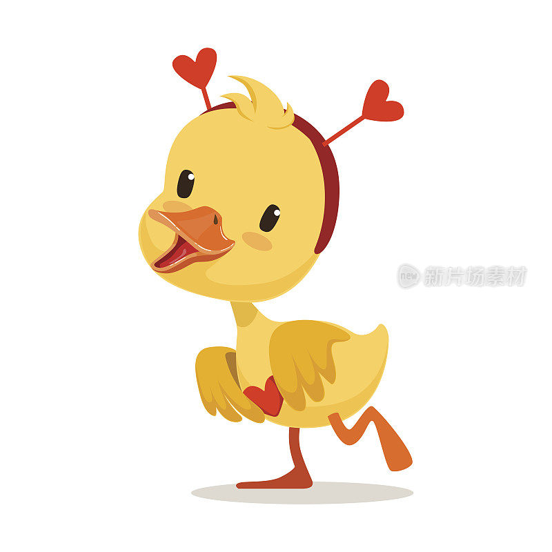 甜美的黄色小鸭子在红色的头巾与心形，表情符号卡通人物向量插图