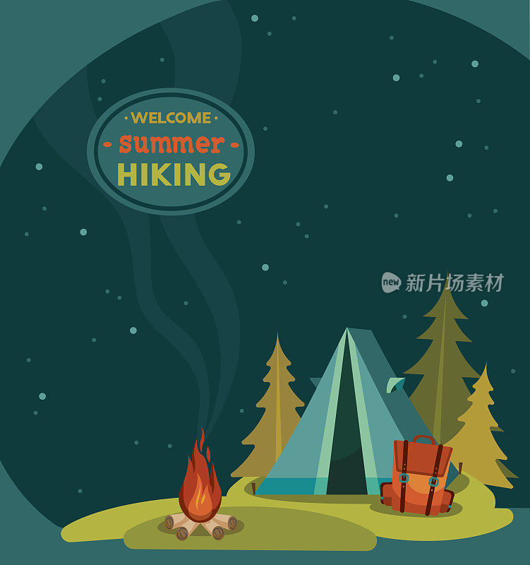夏季徒步旅行-帐篷，背包和篝火。