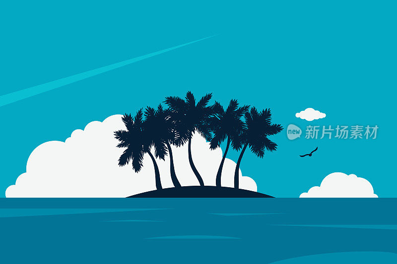 海洋广阔，有岛屿和棕榈树。蓝天碧水，白云朵朵。矢量插图。热带海滩。平面设计。矢量插图。