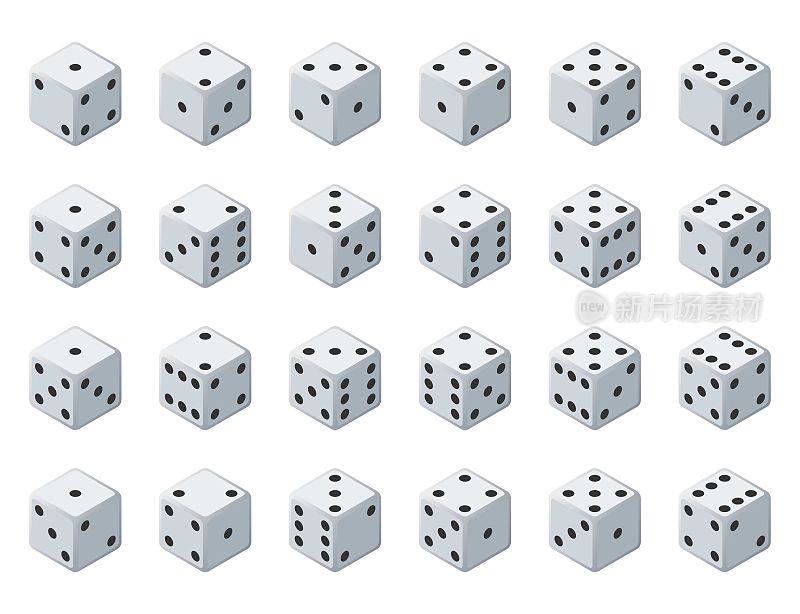 设置24个真实的骰子图标在所有可能的回合。24种变体损失骰子。白色游戏方块孤立在白色背景。桌面游戏的骰子在3D视图。向量等距插图