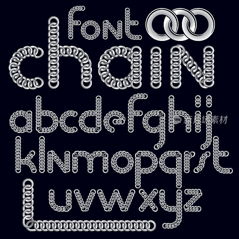 矢量脚本，现代字母集。使用连接链创建的小写装饰字体link。