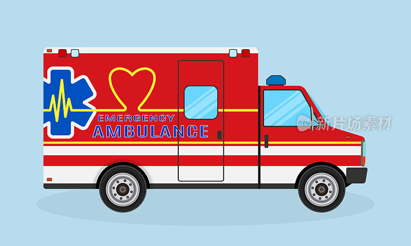 救护车侧视图。有心脏形状、心跳和医疗标志的紧急医疗服务车。