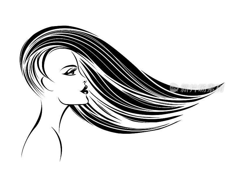 发廊矢量图标。漂亮的女人，长长的直发在风中飘动。