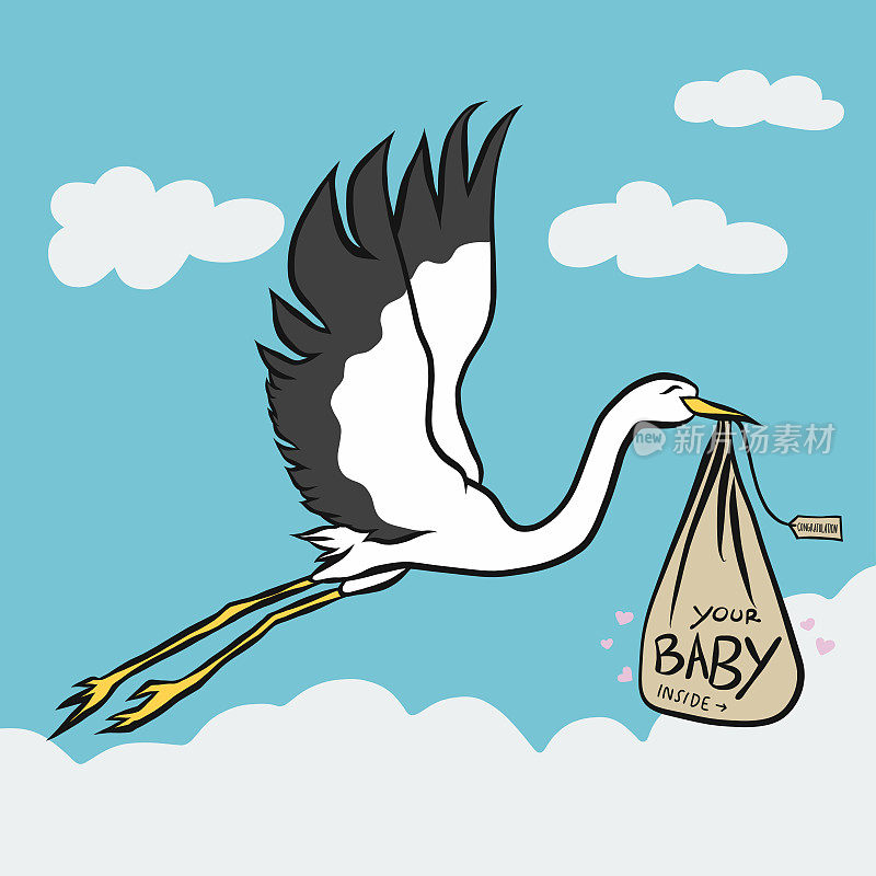 鹳鸟给宝宝带来可爱的卡通矢量插图