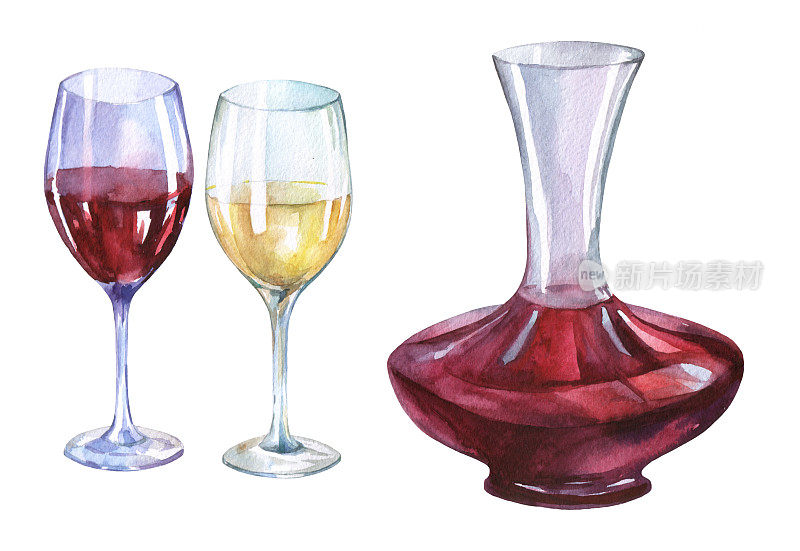 醒酒器，红杯和白葡萄酒。手绘水彩画在白色的背景。