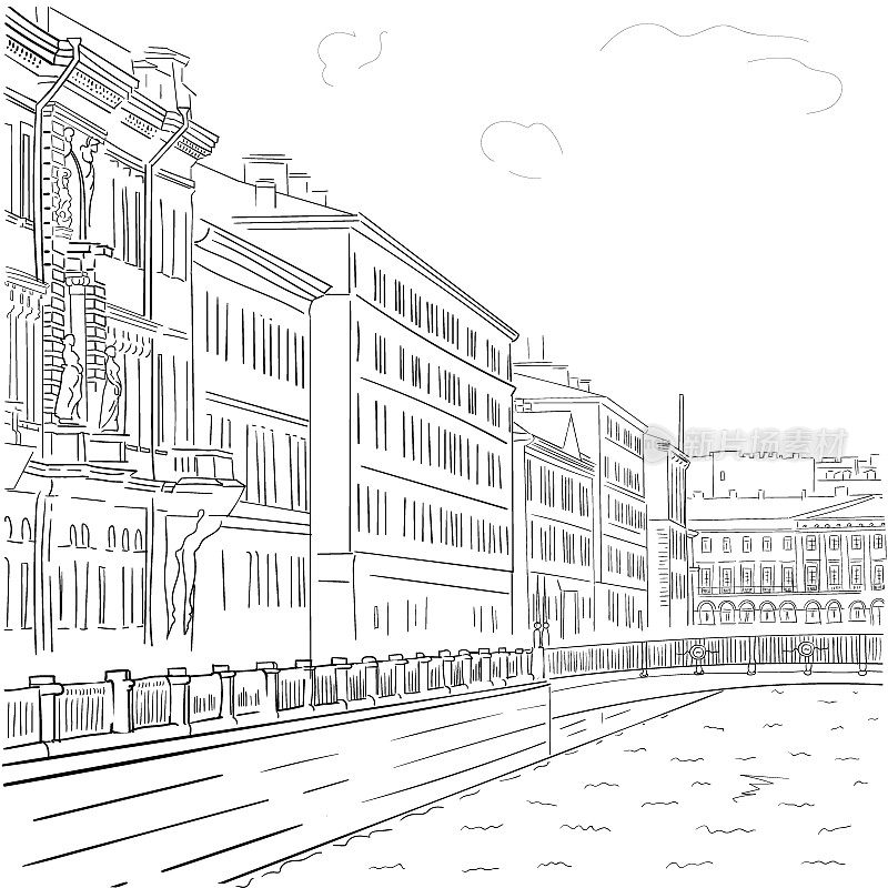 圣彼得堡历史中心滨水建筑手绘黑白矢量图像。在城市中漫步