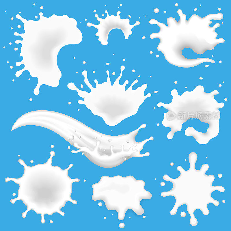 牛奶飞溅矢量牛奶滴溅奶油或酸奶和倒液体飞溅插图孤立在蓝色背景