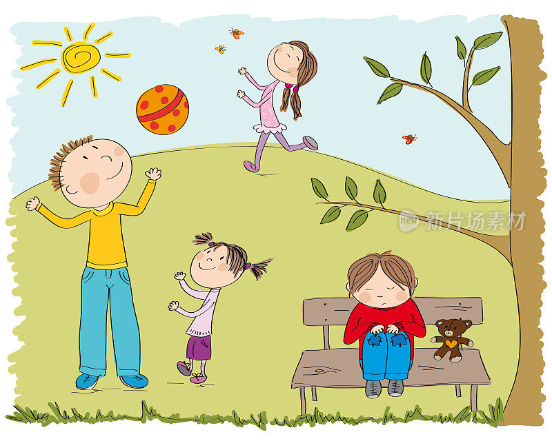 快乐的孩子们在公园外面玩耍，一个女孩悲伤而孤独，坐在树下的长凳上——原画手绘插图