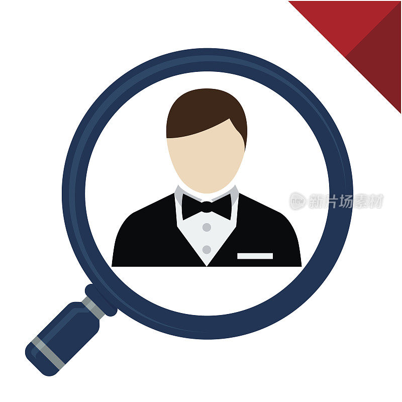 抽象符号图标具有搜索、服务员、服务和招聘的概念，为服务员提供服务的企业。上面有放大镜和服务生的简介。