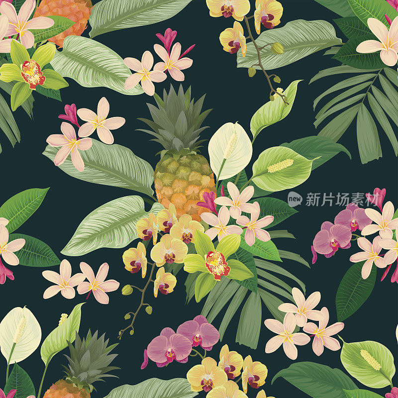 热带无缝图案，菠萝，花和叶在深绿色的背景。