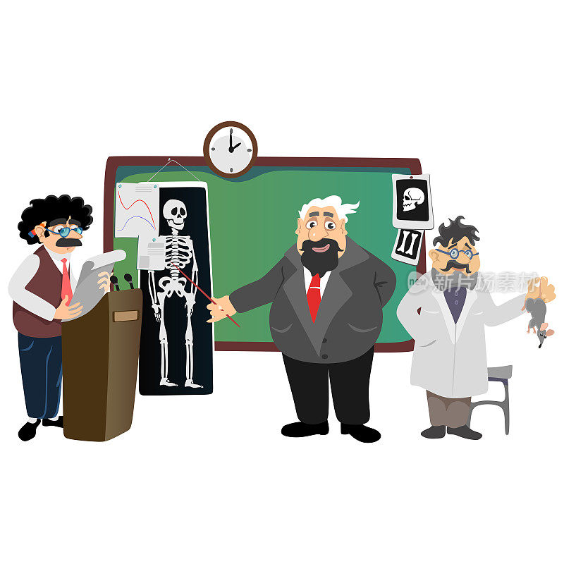 大学里教授在黑板旁边用骷髅讲课，老师在课堂上一课一课教人骨，高等教育学院里，学校矢量插图