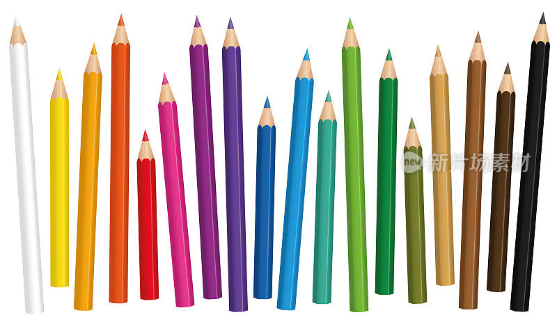 蜡笔。彩色铅笔组松散地安排在不同的长度-孤立的矢量插图在白色的背景。