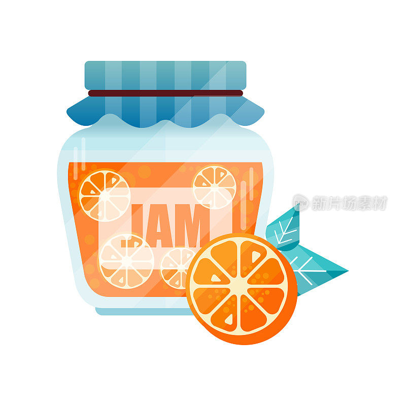 橙色果酱，玻璃罐的水果配置矢量插图在一个白色的背景