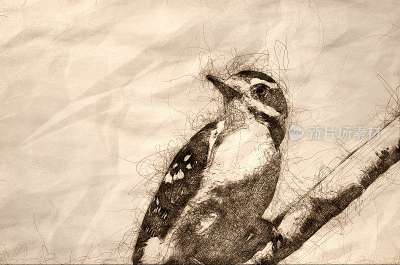 一只毛茸茸的啄木鸟栖息在树上的素描