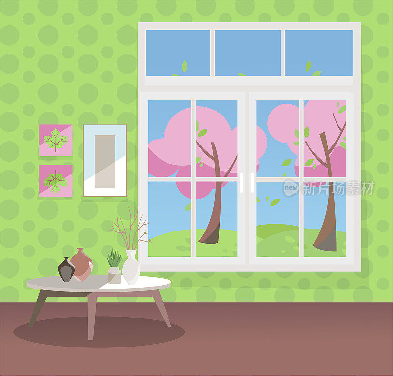 窗外是粉红色盛开的树木。春季客厅内饰有茶几、花瓶、绿色壁纸上的图画。外面天气晴朗。平面卡通风格矢量插图。