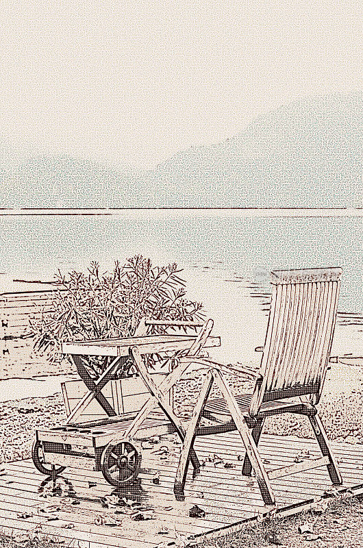 秋天复古的场景秋天的景色气氛柔和的景观湖流血斯洛文尼亚木制椅子桌子复古风格的Sepia点画效果摄影