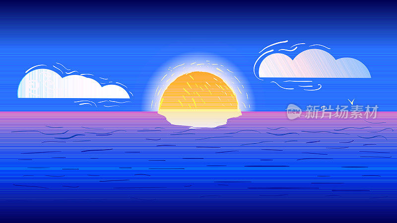 手绘海景日落-太阳在海上。