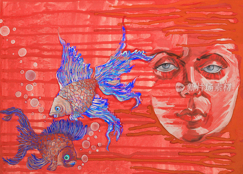 时尚的插图寓言夏天的太阳中午的热艺术品水彩画肖像幻想面对情绪的长头发的女人与水族馆的鱼在一个流动的水彩在红色的颜色的背景