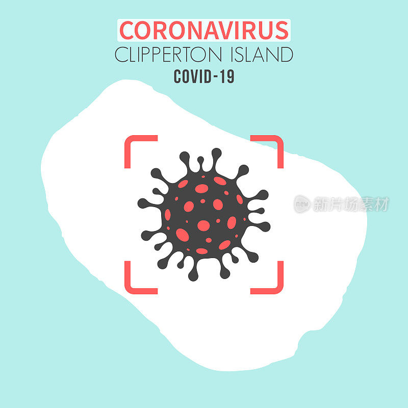 红色取景器中带有冠状病毒细胞(COVID-19)的克利珀顿岛地图