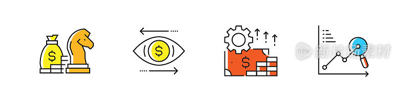 财务策略相关的矢量线图标。大纲符号集合