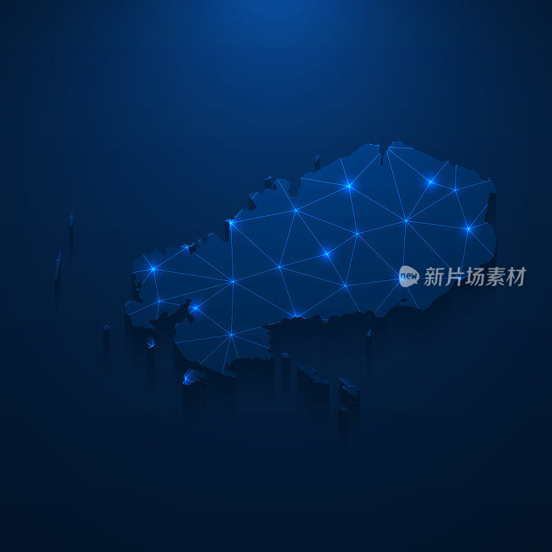 罗德里格斯岛地图网络-明亮的网格在深蓝色的背景