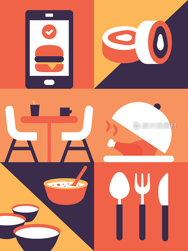 餐厅，食物和饮料相关的平面风格矢量插图