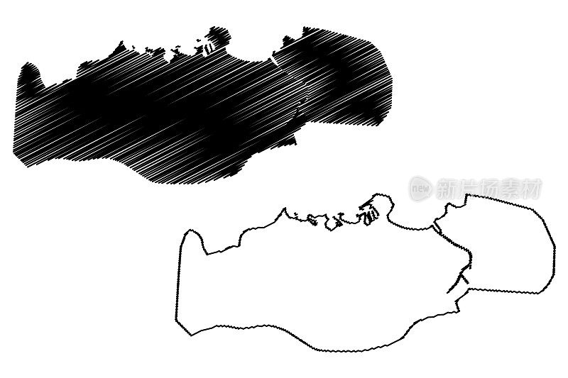 希洪城(西班牙王国，阿斯图里亚斯)地图矢量插图，涂鸦草图西克森城地图