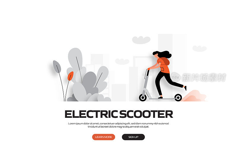 电动滑板车概念矢量插图网站横幅，广告和营销材料，在线广告，业务演示等。