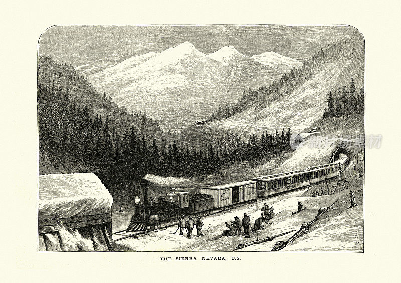 火车，蒸汽火车穿过纳瓦达山脉，19世纪