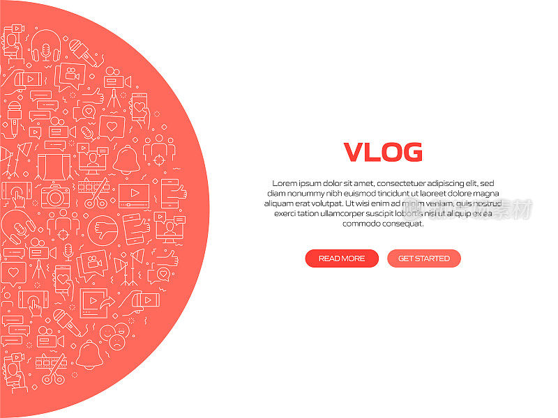视频博主和youtube相关的横幅设计与模式。现代线条风格图标矢量插图