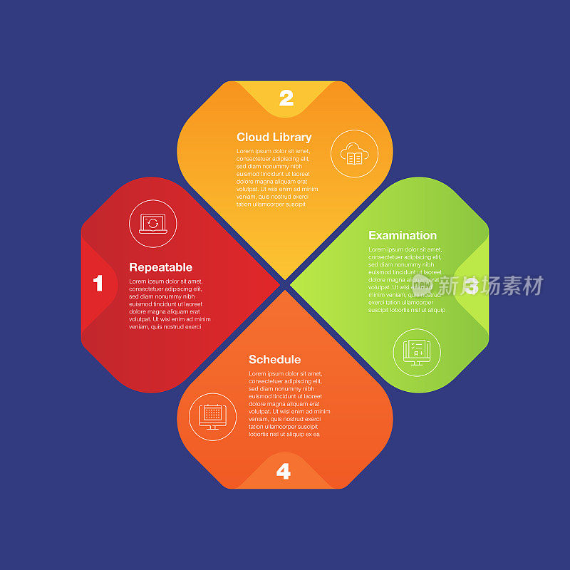 信息图设计模板。可重复，云库，考试，时间表图标与4个选项或步骤。