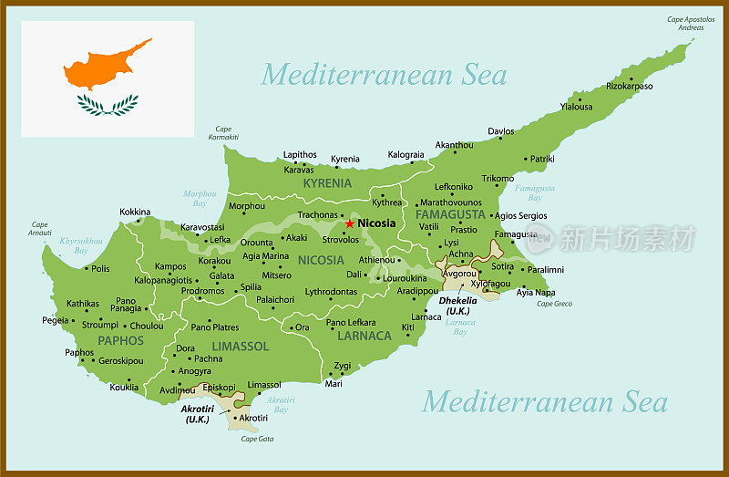 绿色塞浦路斯地图。矢量插图与地区和首都城市
