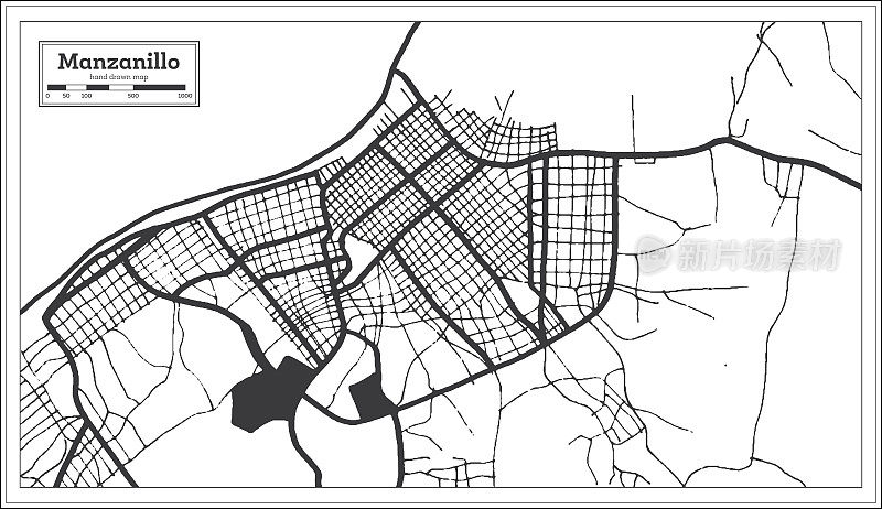 曼萨尼约古巴城市地图黑白复古风格。略图。