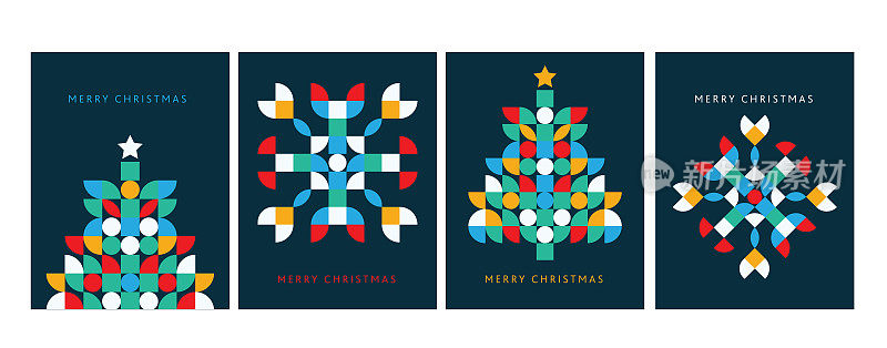 圣诞快乐马赛克风格贺卡平面设计模板集与几何形状