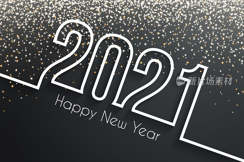 2021年新年快乐，金色闪光-黑色背景