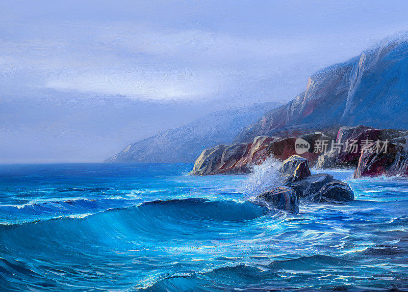 蓝色的波浪。海上日出。码头波股票。绘画。