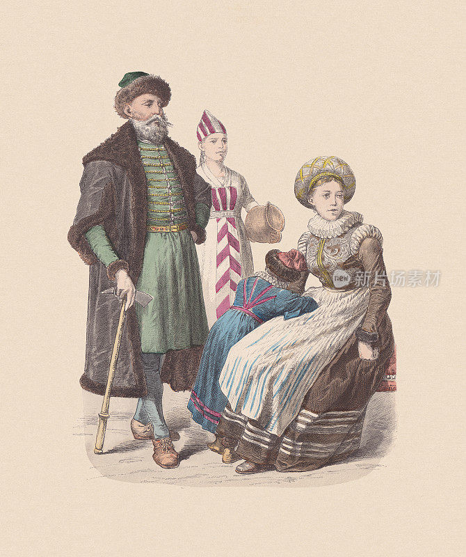 17世纪，挪威服饰，手工着色木刻，大约出版于1880年