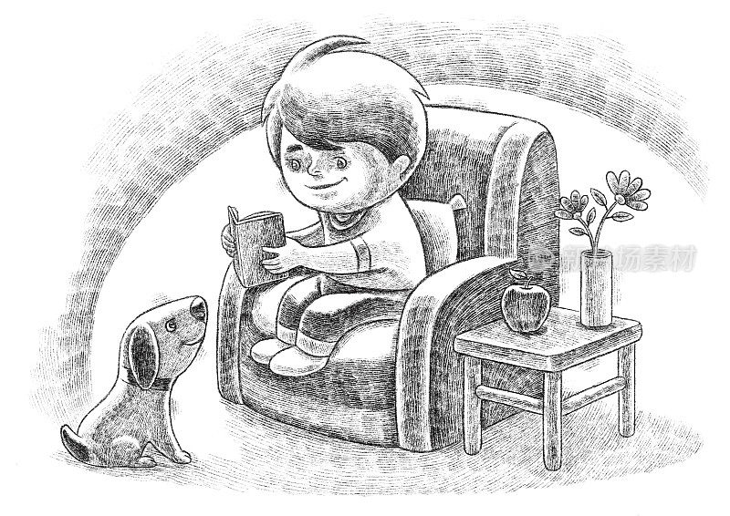 小男孩坐在扶手椅上看素描书