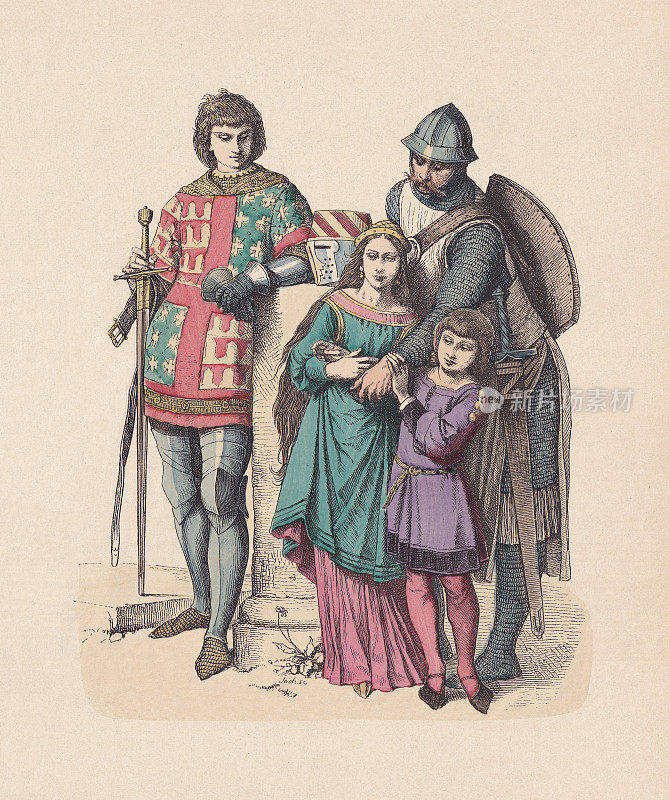 德国骑士家族，13世纪，手工着色木刻，大约1880年出版