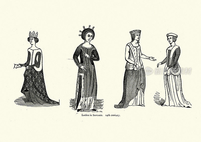 14世纪的中世纪女装，穿着大衣的女士们