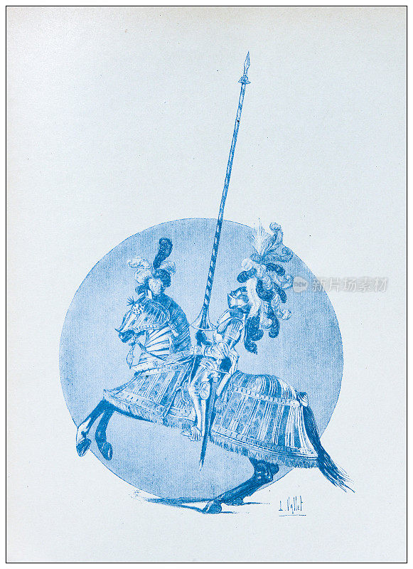 马、骑士和骑兵的古董插图:16世纪