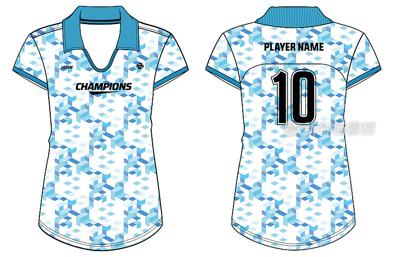 女性运动马球领t恤运动衫设计概念插图矢量模板适合女孩和女士的足球，板球，足球，排球，无挡板球和沙滩球球衣概念
