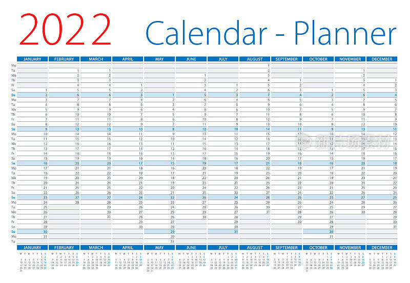 2022年日历计划。矢量插图。