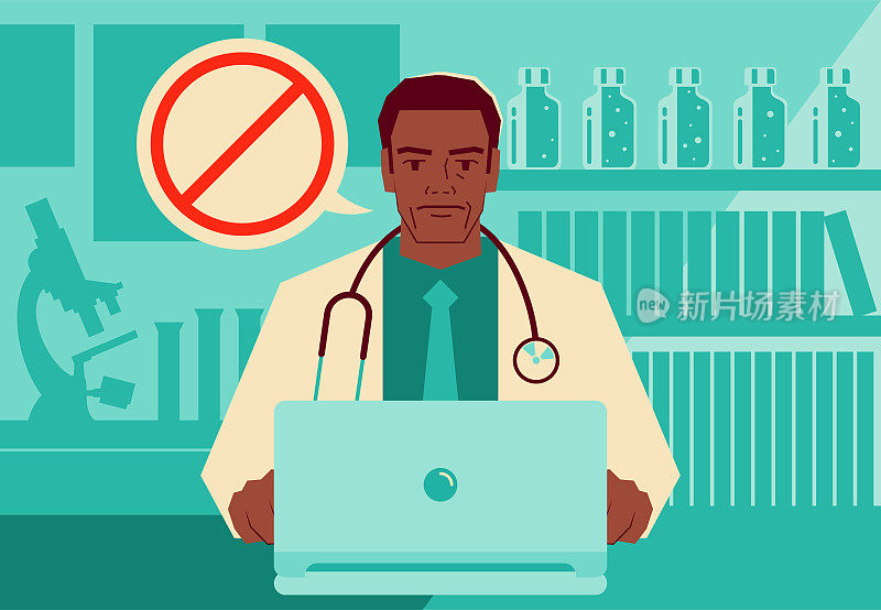 一位成熟的医生使用笔记本电脑提供远程医疗服务，并建议病人避免使用带有禁止标志的东西
