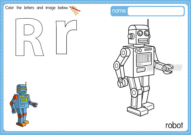 矢量插图的儿童字母着色书页与概述剪贴画，以颜色。字母R代表机器人。