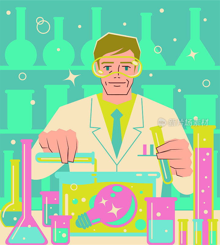 一位面带微笑的成熟科学家或化学家正在把液体倒进一个装有大点子灯泡的瓶子里