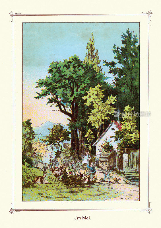 5月的传统德国场景，孩子们走过一个村庄，维多利亚时代的19世纪