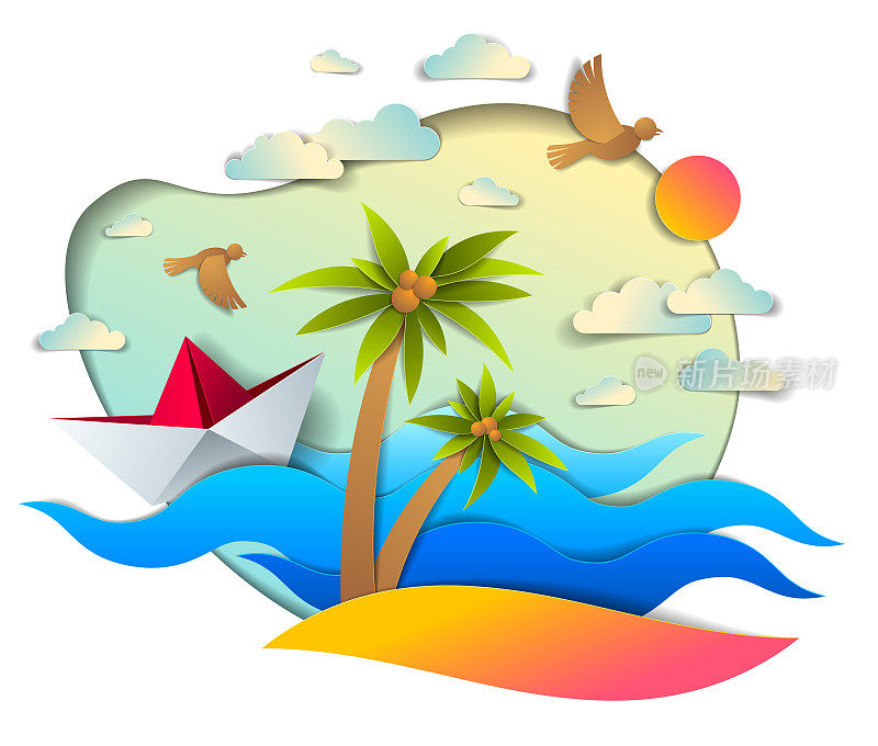 折纸船玩具游泳在海浪与海滩和棕榈树，美丽的矢量插图风景海景与玩具船漂浮在海和鸟在天空。水游，暑假。