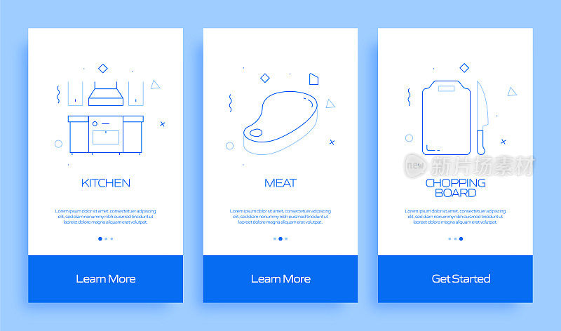 在移动应用页面上使用扁平图标的烹饪概念。用户体验，UI设计模板矢量插图